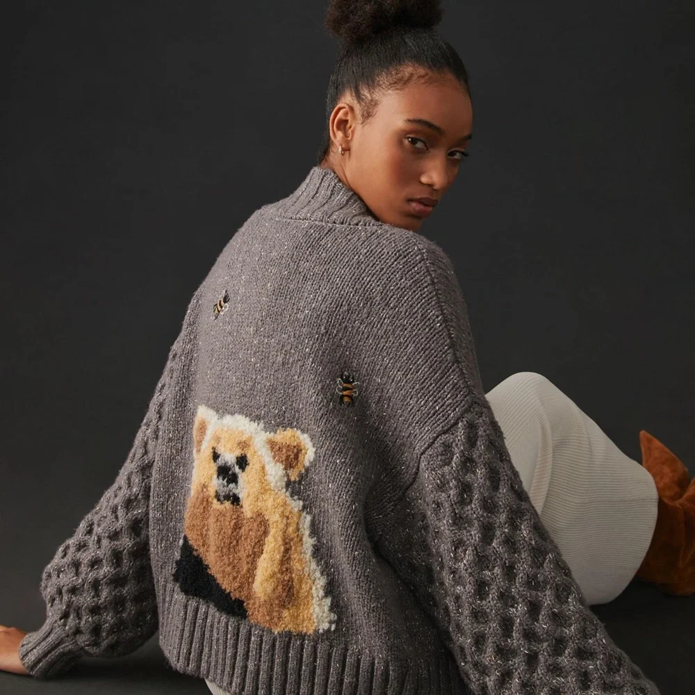 Anthropologie Pilcro Bear Cardigan Sweater Free People 1X Large Knit - Picture 1 of 5
